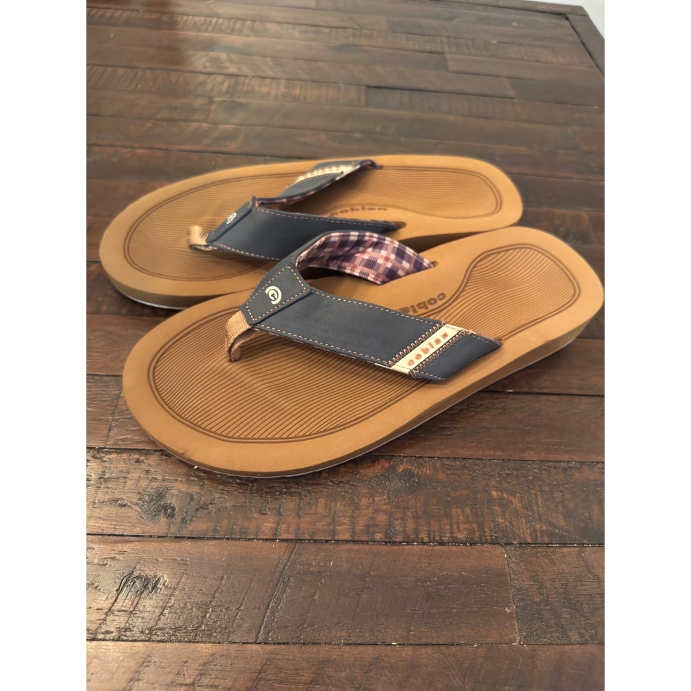Cobian Mens Flip Flop Sandals Brown Blue Plaid Lining Size 12 Beach Casual